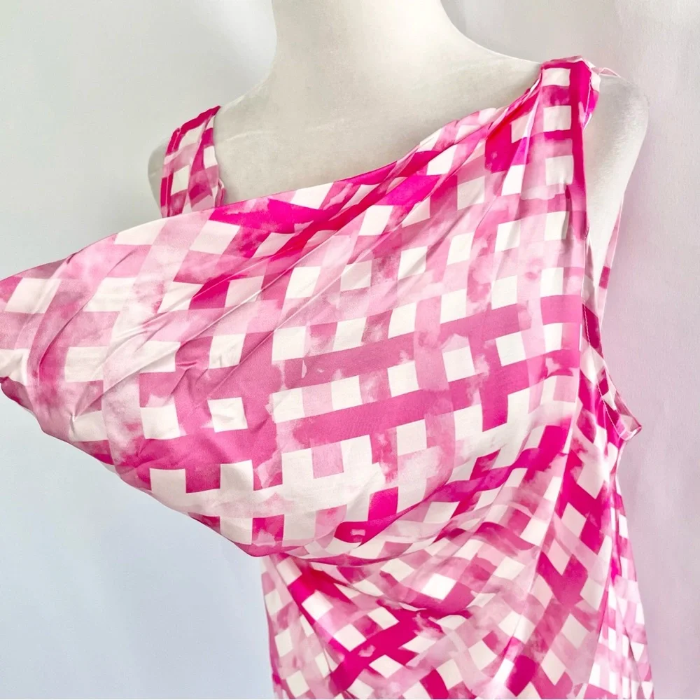 New Chloe Kristyn Gingham Satin Double Strap Cowl Neck Tank Top Pink Size Large - Picture 7 of 16